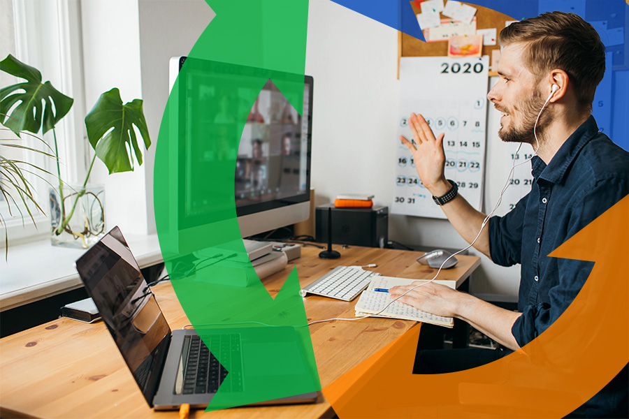 Man waves at camera on computer during a group work call with a Conexon icon around for thumbnail.