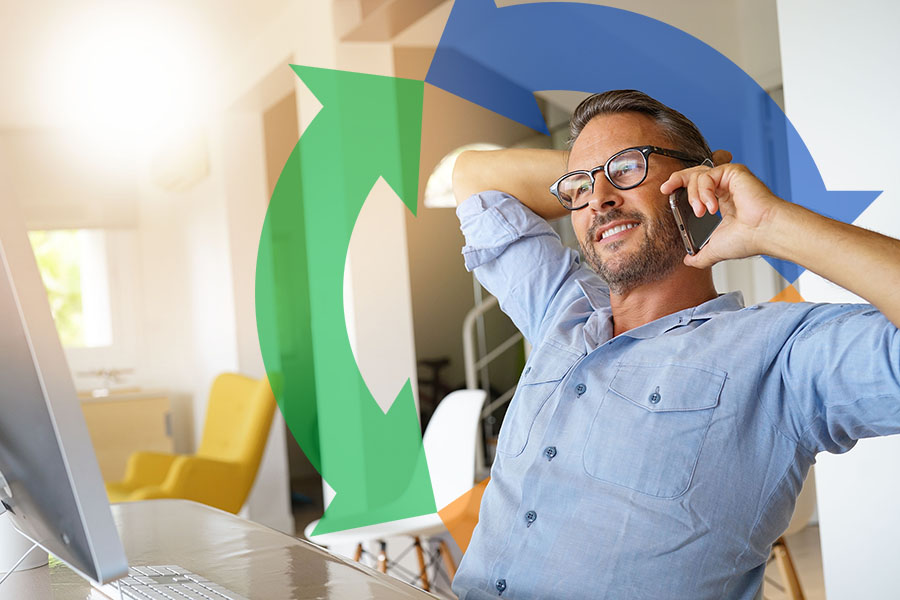 Man sits at his home work desk on the phone with a Conexon icon in the background for thumbnail.