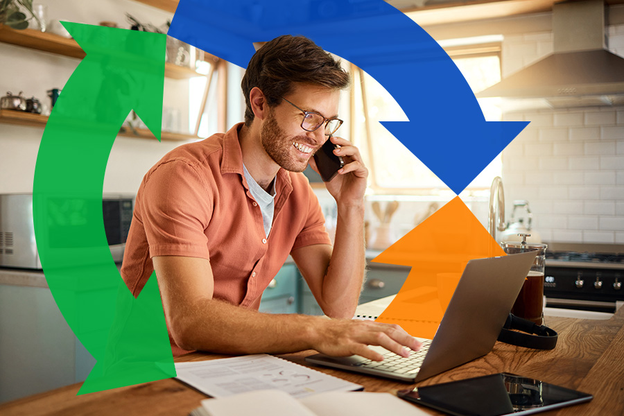 Man on computer and smartphone connected to internet with Conexon logo behind.