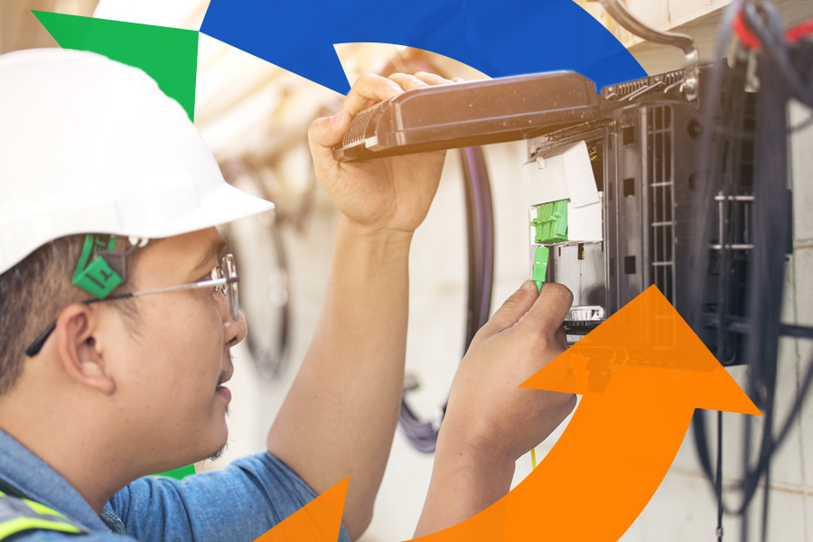 Technician works on outside transmitter device connected to home for internet with Conexon icon behind.