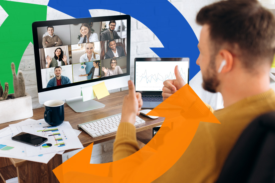 Man sits on video call with co-workers connected to multiple devices on fiber internet, Conexon icon behind.