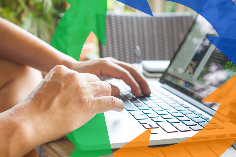 Hands type on a computer with a Conexon icon around for thumbnail.