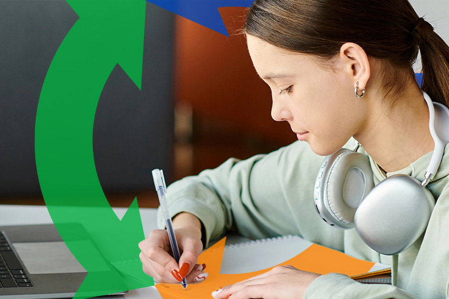 Girl uses laptop to do her homework with Conexon icon for thumbnail.