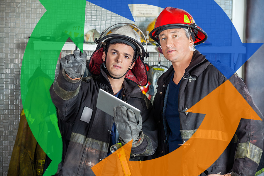 Firefights talk and point while holding tablet with Conexon icon behind for thumbnail.