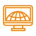 Orange icon of a computer screen with a globe on it.